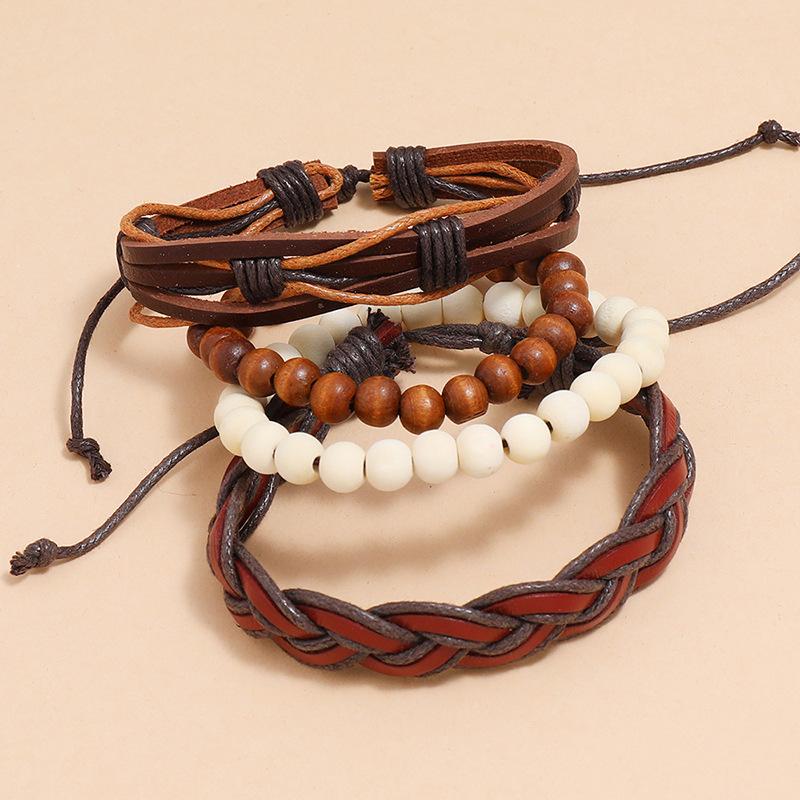New Vintage Retro Braided Personality Leather Jewelry Simple Fashion 4 Pieces Set Unisex Wrap Geometric Bracelet