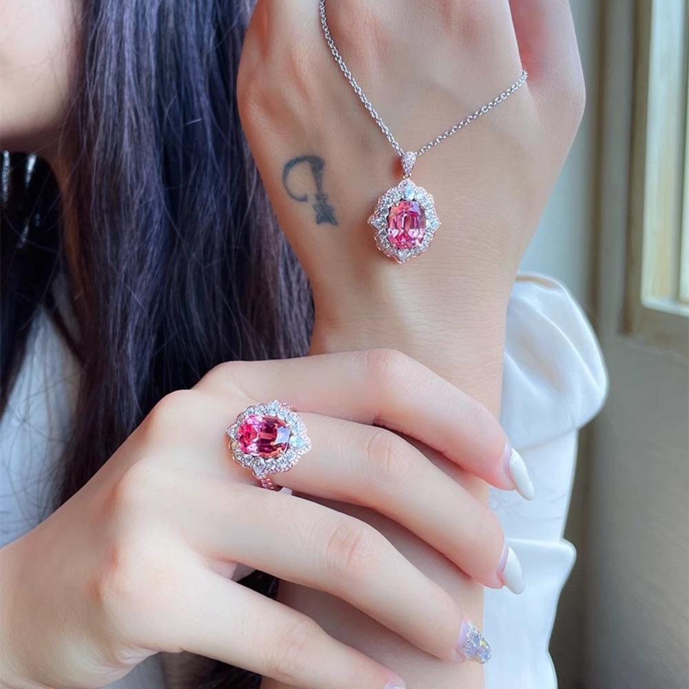 Vintage Pink Sapphire Pendant Elegant Zircon Necklace Set with Diamond Ring Women Jewelry Set