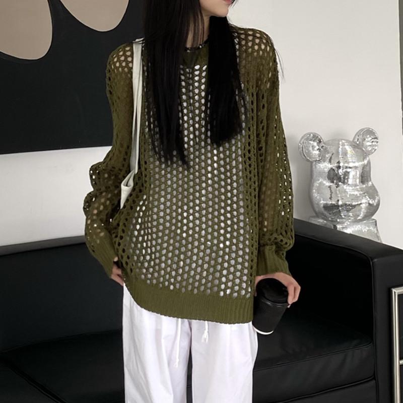 Women s Solid Color Hollow Knitted Shirt Spring and Summer Loose Sunscreen Air Conditioning Shirt Top S