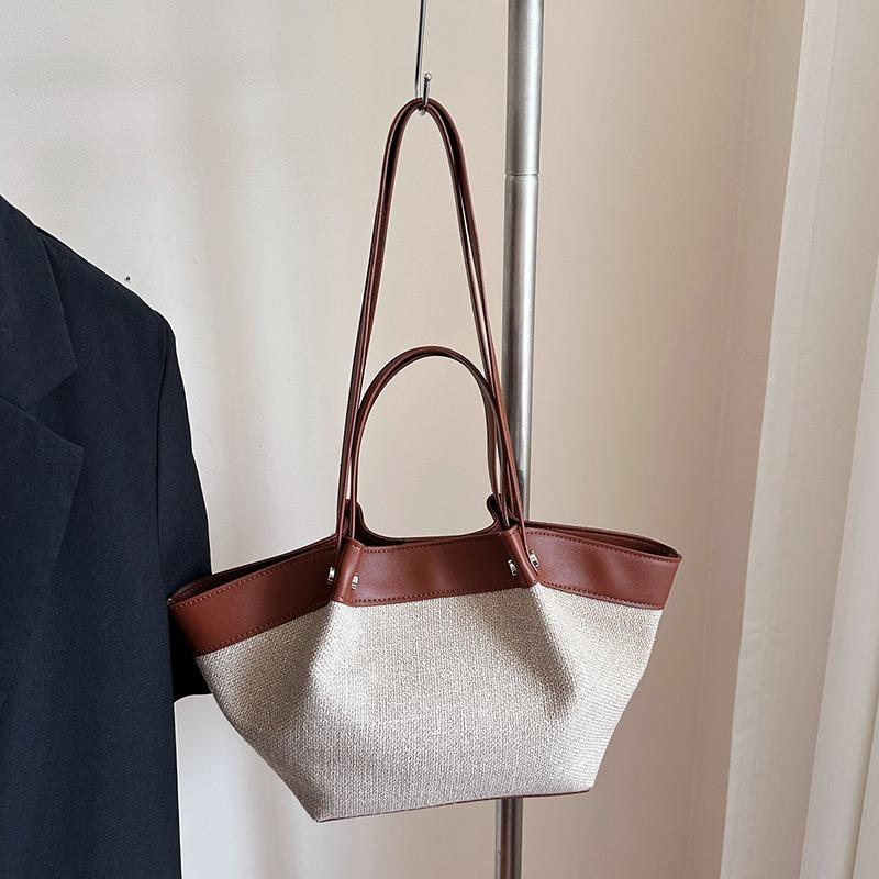 Spring new retro portable shoulder bag niche design canvas splicing large capacity tote bag