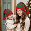 New Cross-border Foreign Trade Parent-child Red Christmas Hat Striped Knitted Color Matching Warm and Cold-proof Hairball Wool Hat Women