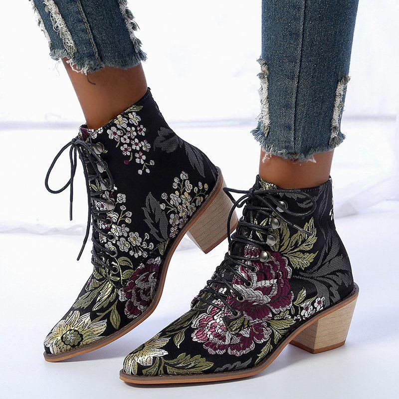 Fashion Thick Heel Lace-up Women's Botas Mujer Embroidered Size 35-43 Fashion Retro Short Boot Botas Femininas Botines Para Mujeres