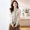 Floral Bowtie Puffy Gathered Long J-Scott Blouse, Chiffon, Sleeves, Cuffs, Lined, Sleeves, Feminine, White, JS76-WH-M