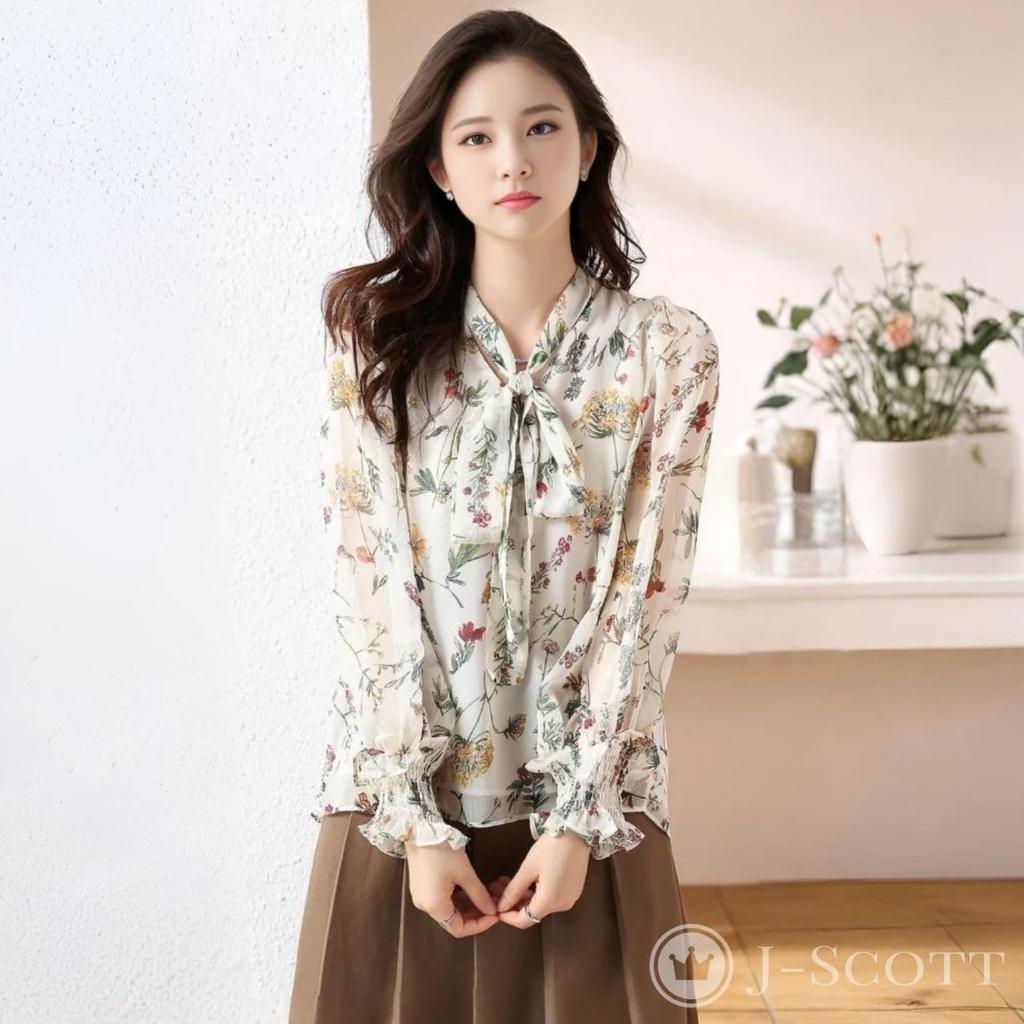 Floral Bowtie Puffy Gathered Long J-Scott Blouse, Chiffon, Sleeves, Cuffs, Lined, Sleeves, Feminine, White, JS76-WH-M