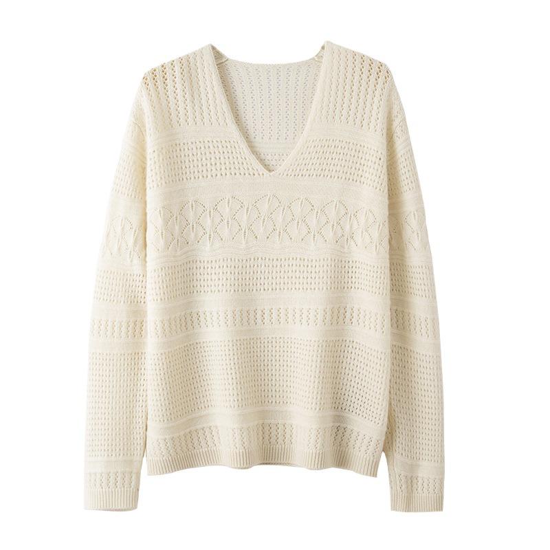 2023 Women's Pure Cashmere V-Neck Knitted Sweater: Loose, Hollow, Autumn/Winter Wool Pullover
