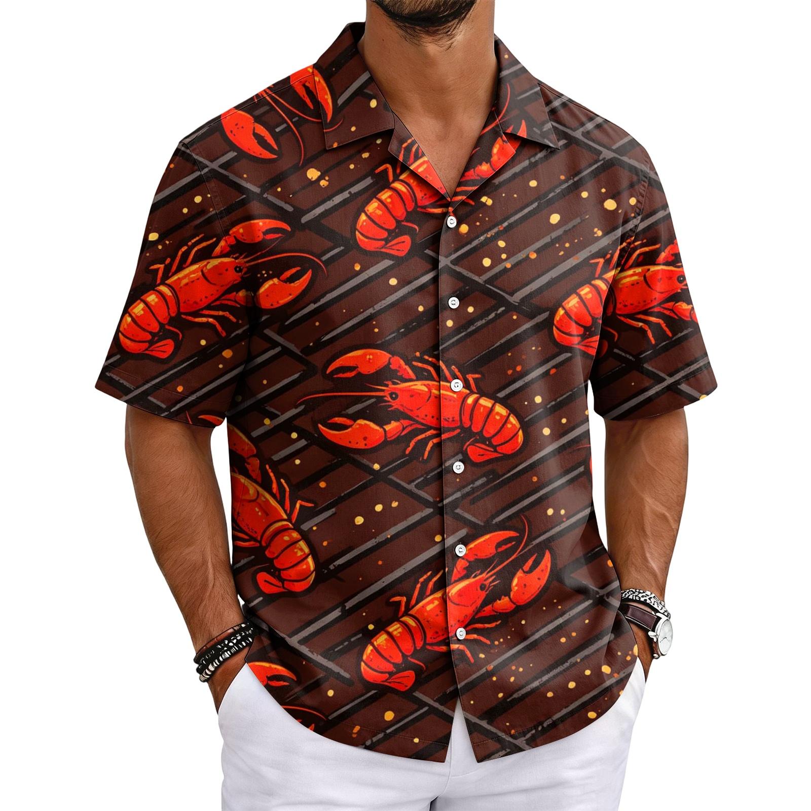 Men s Short Sleeve Button Down Shirt Lobster Festival Summer Basic Cuban Collar Casual Shirt S чёрный