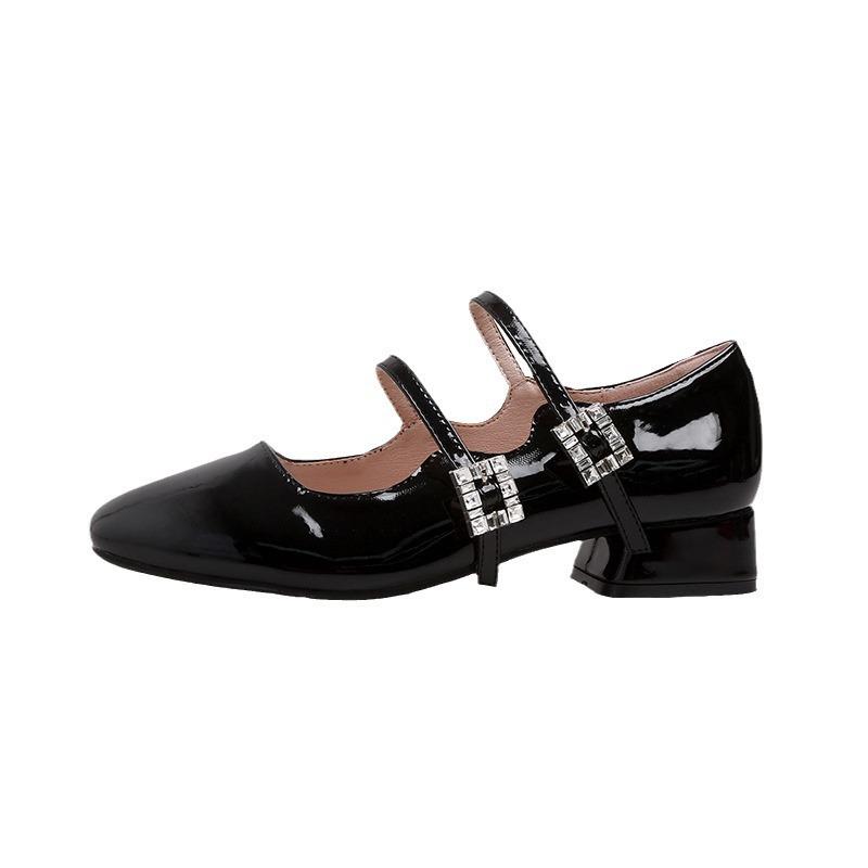 French Mary Jane Shoes Women's High Heel Black Patent Leather Summer 2025 New Square Head Rhinestone Buckle with Thick Heel Single Shoes