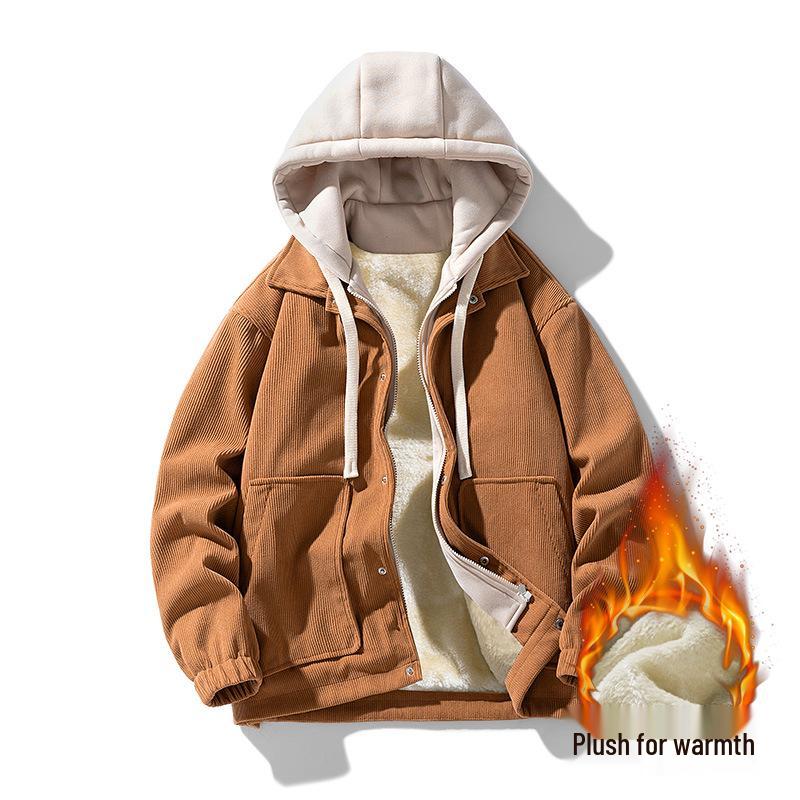 Japanese Trendy Corduroy Hooded Jacket with Fleece Lining: Autumn/Winter Hong Kong Style for Men