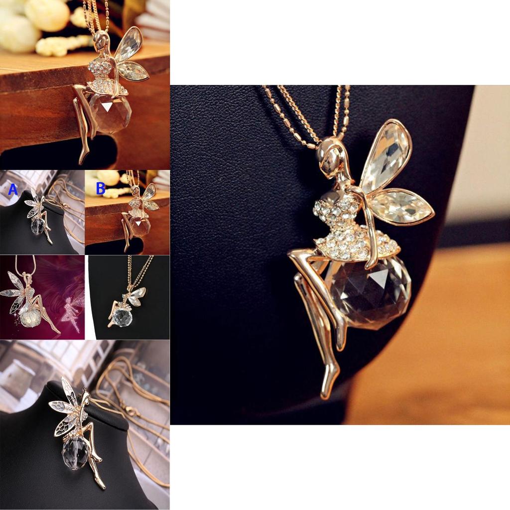 Elegant Fashion Women Crystal Fairy Angel Wing Pendant Long Chain Necklace Gift