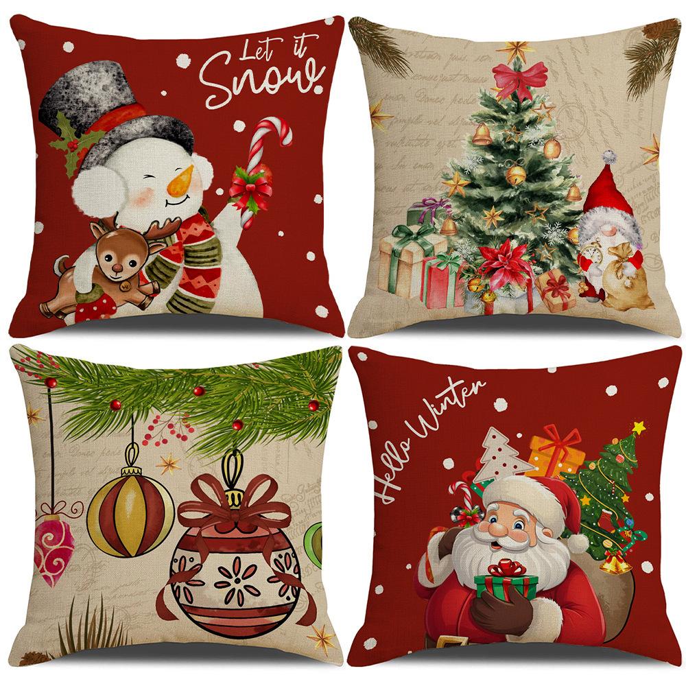 Christmas Themed Linen Pillow Cover Snowman Christmas Tree Santa Claus Printed Cushion Cover Holiday Decorative Pillow Cover