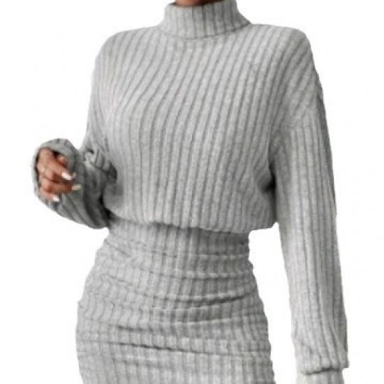 Autumn Winter Slim Fit Fashion Ribbed High Neck Bodycon Long Sleeve Dress