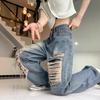 High Street Distressed Wide-Leg Ripped Jeans - Women's Autumn High-Waist Floor-Length