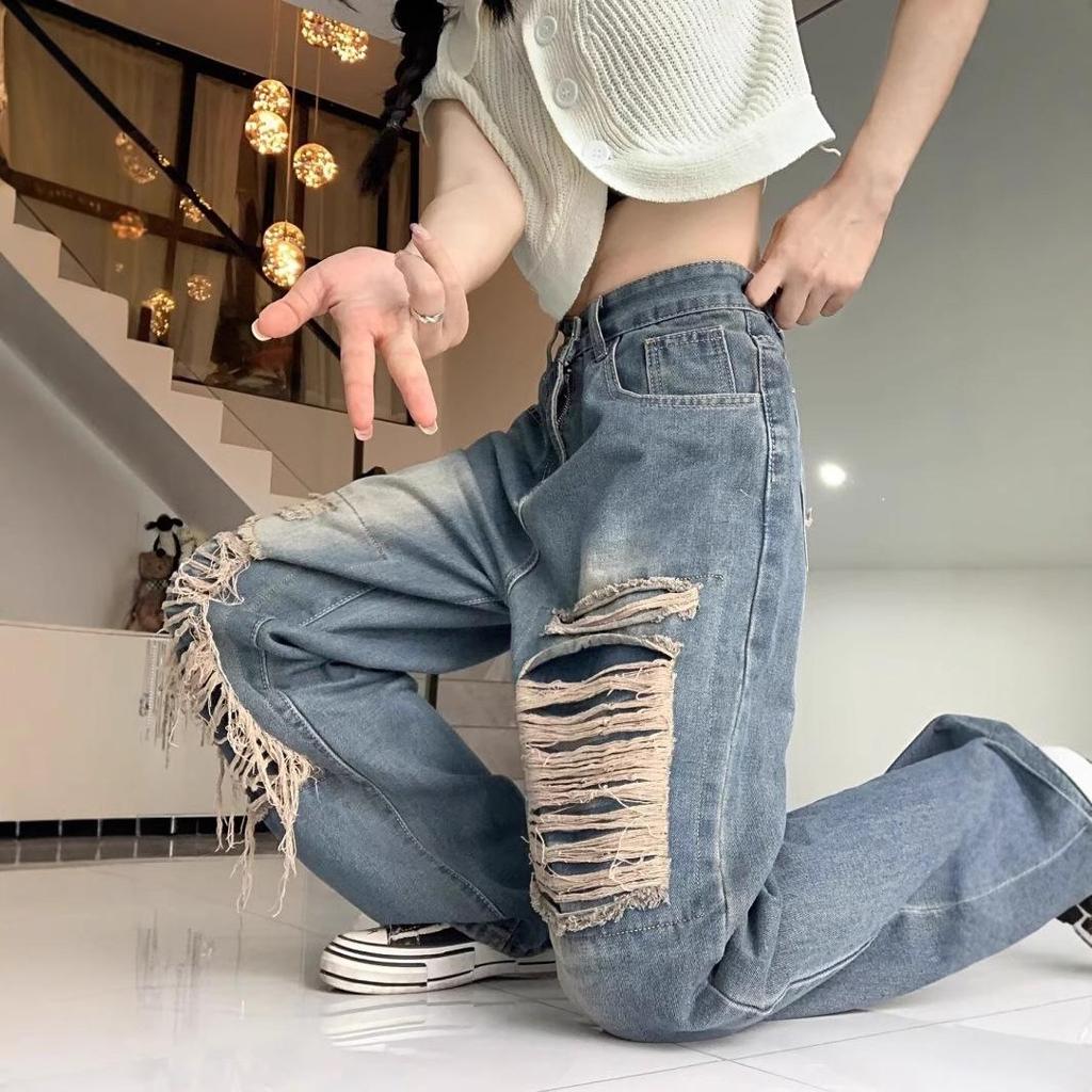 High Street Distressed Wide-Leg Ripped Jeans - Women's Autumn High-Waist Floor-Length