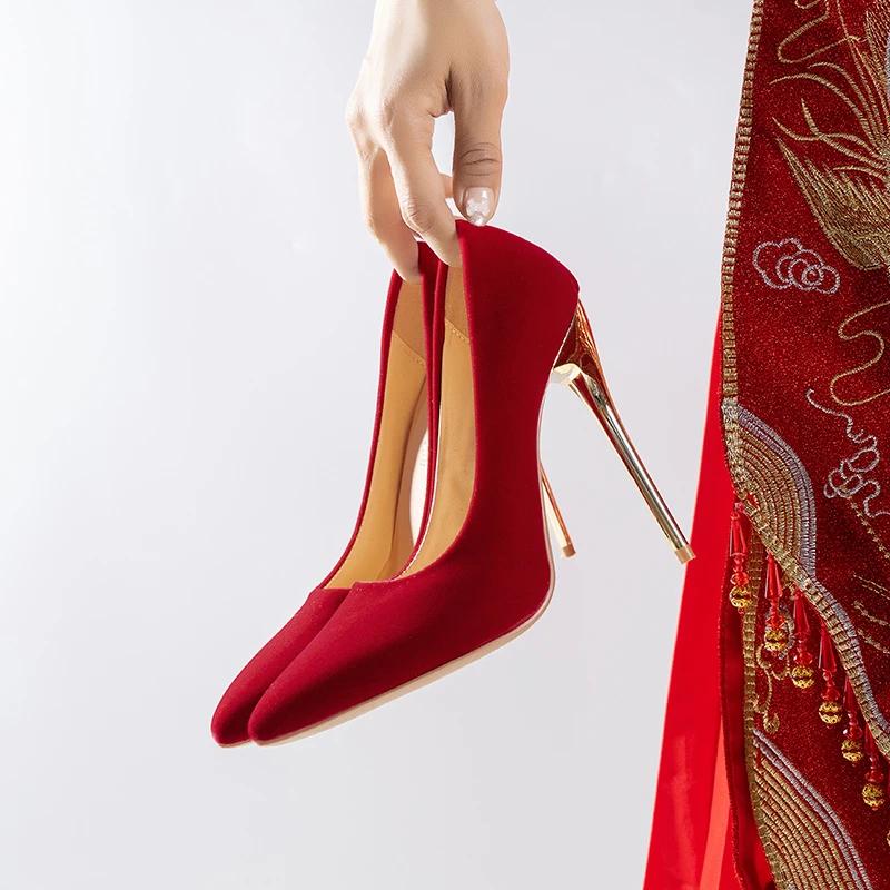 New Retro Wedding Shoes for Women, Red, Daily Wedding, Two High Heels, Thin Heels, Bridal Single Shoes