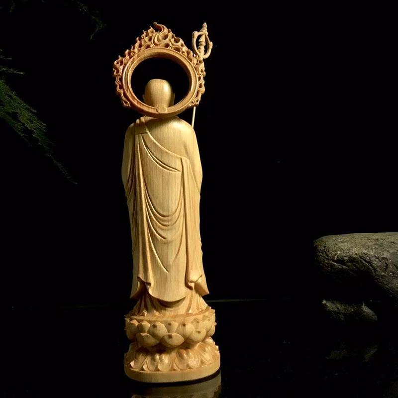 Naturlig Sypress Ksitigarbha Bodhisattva Statue - Buddhistisk Figur for Hjemmerom Kontor Feng Shui Dekorativt Ornament