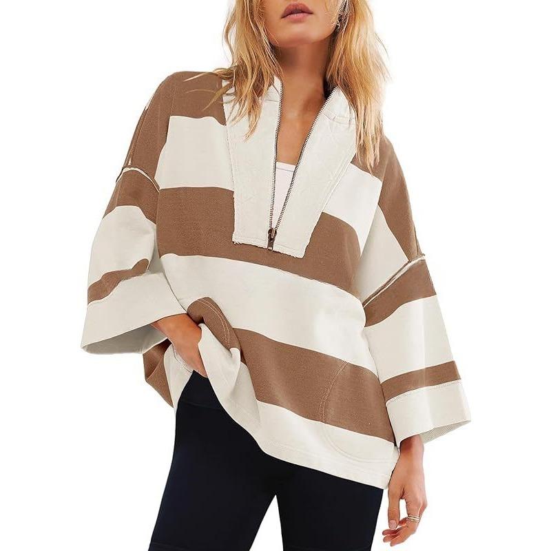 Women's Oversized Striped Shirt Half Zip Sweatshirt Patchwork V Neck Top Casual Loose Pullover