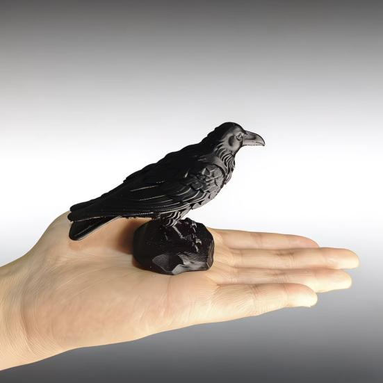 Nostalgie 3D Printed Crow Statue, Gothic Dark Academia Bird Sculpture, Matte Black Raven Figurine, Stable Rock Base for Desk Display Cabinet,