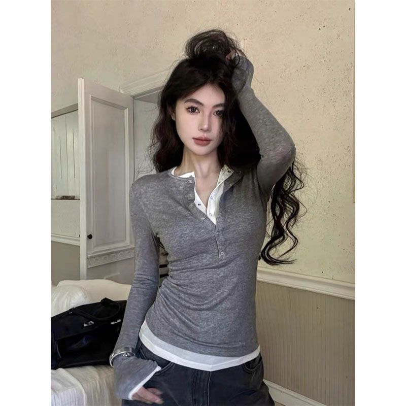 

Женские футболки пэчворк черные белые с пуговицами на горловине с длинным рукавом повседневные футболки для девочек для женщин XL серый