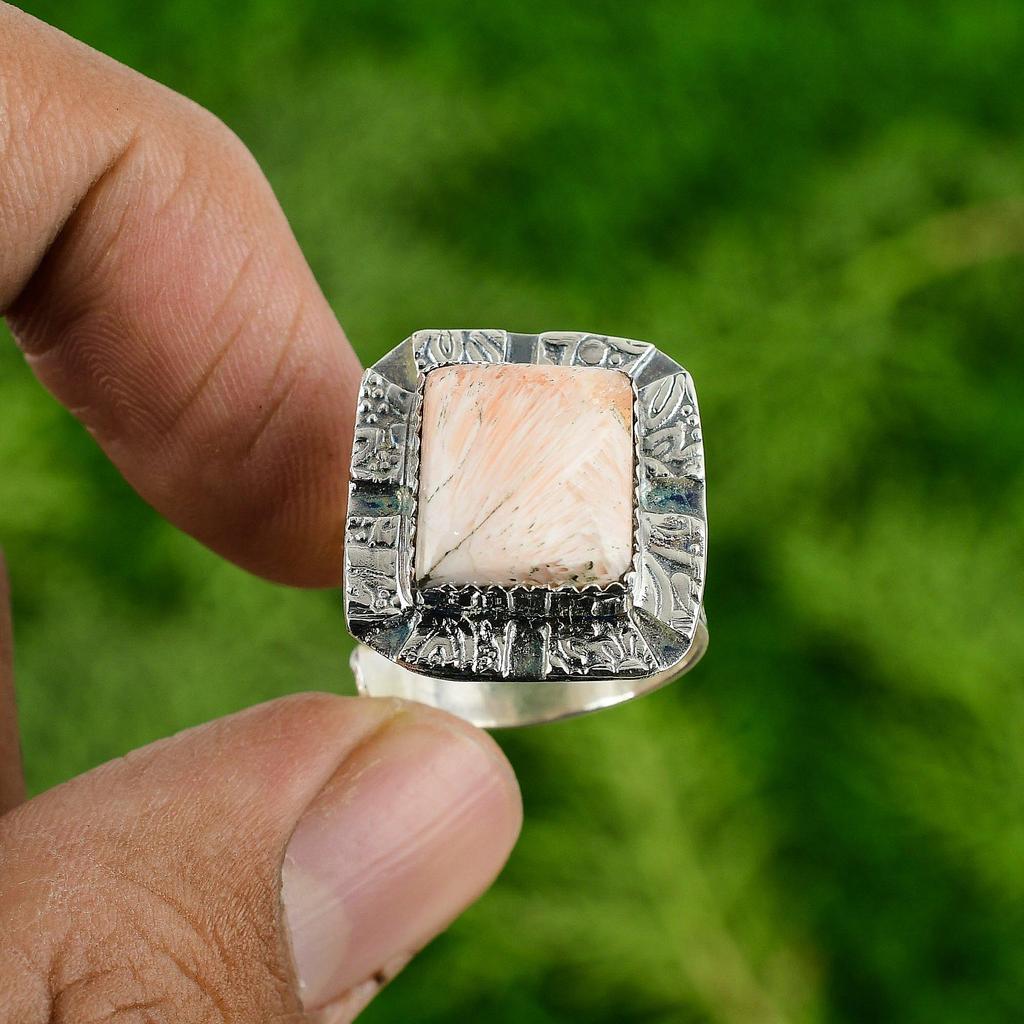 925 Silver Square Crown Chakra Natural Scolecite Multi Stone Artisan Unique Ring