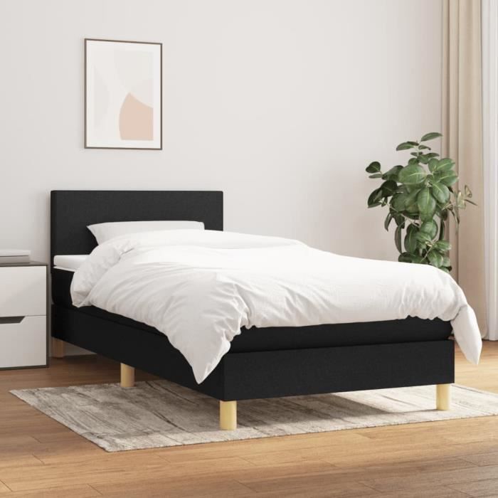 3140427 vidaXL Lit à sommier tapissier avec matelas Noir 90x200 cm Tissu