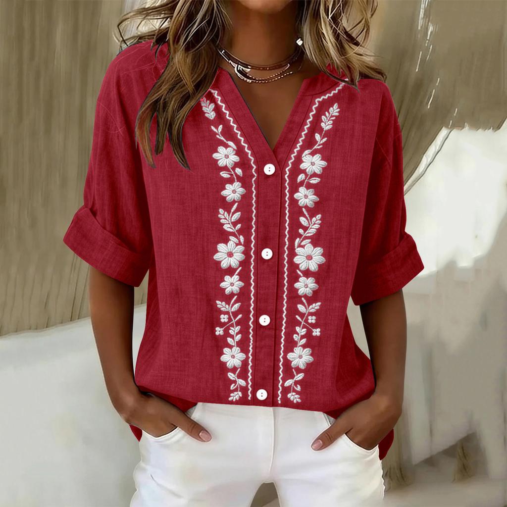 Women's Long Sleeve Button Down Blouse - Color Round Neck with Embroidery, Casual and Daily Wear Top for Women