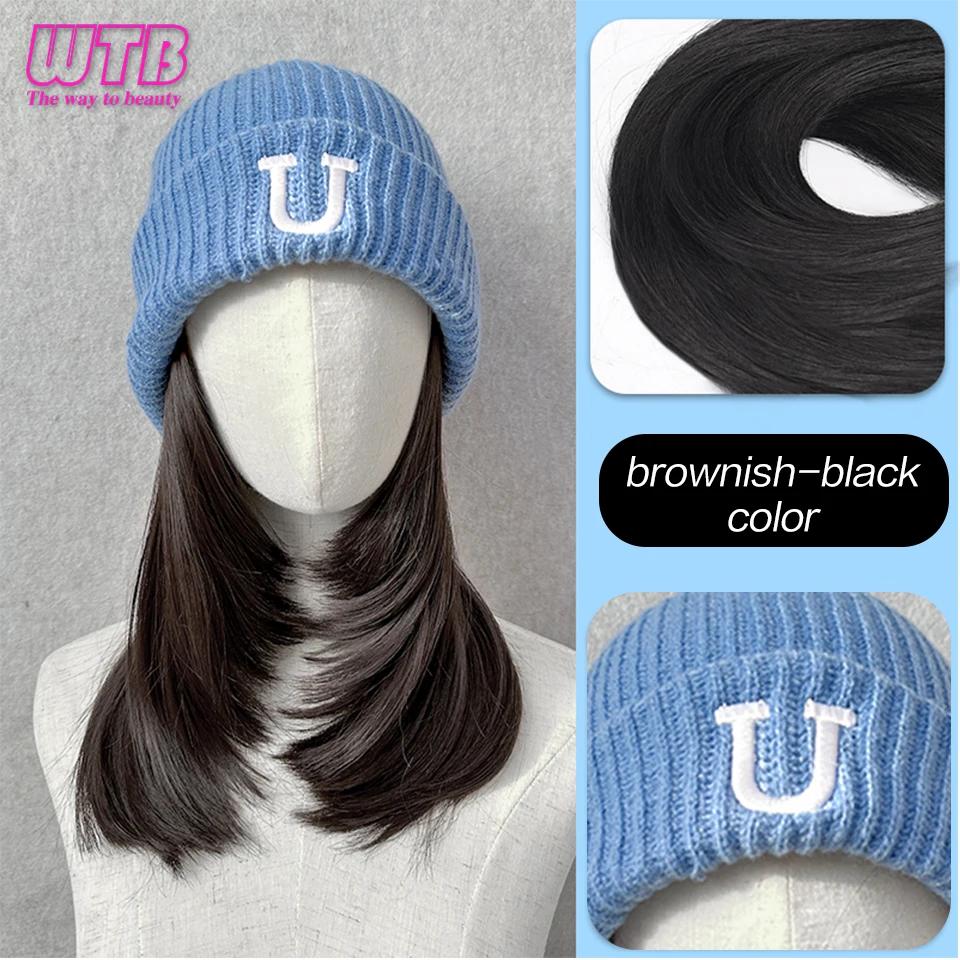 Synthetic Knitted Hat Wig For Women Long Wavy 16inch Black-brown Hair Warm Soft Knitted Autumn Winter Cap Heat Resistant Wig