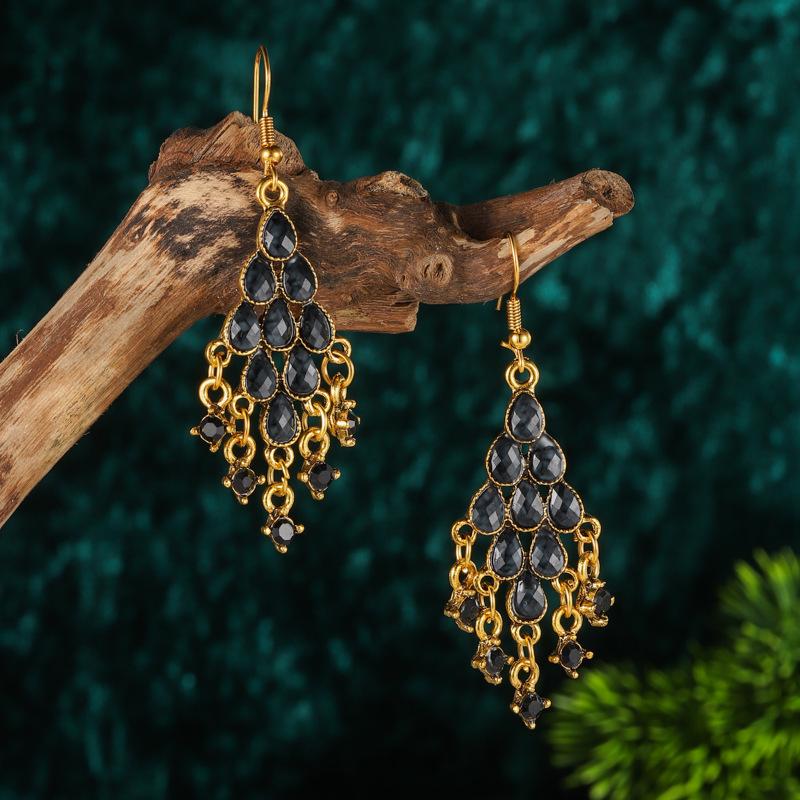 

Bohemian Beaded Tassel Gold Color Earrings For Women Zircon Black Red Blue Purple Green Vintage Boho Ladies Ethnic Zircon Gift чорний