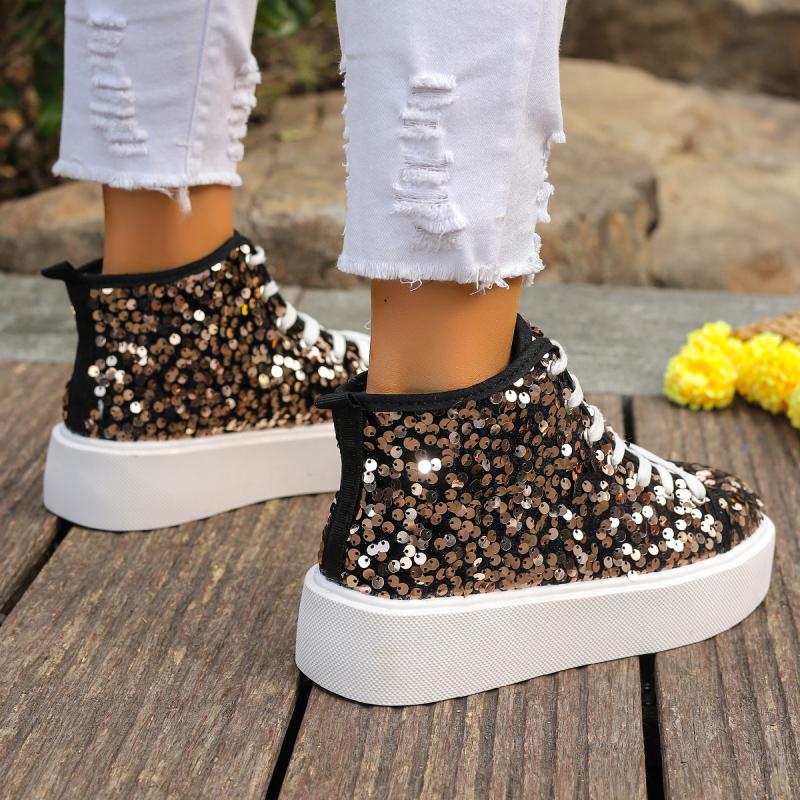 Luxury Sequined Thick Bottom Skate Shoes Women 2025 Autumn Round Toe Lace Up Casual Shoes Comfort Soft Sole Non Slip Sneakers