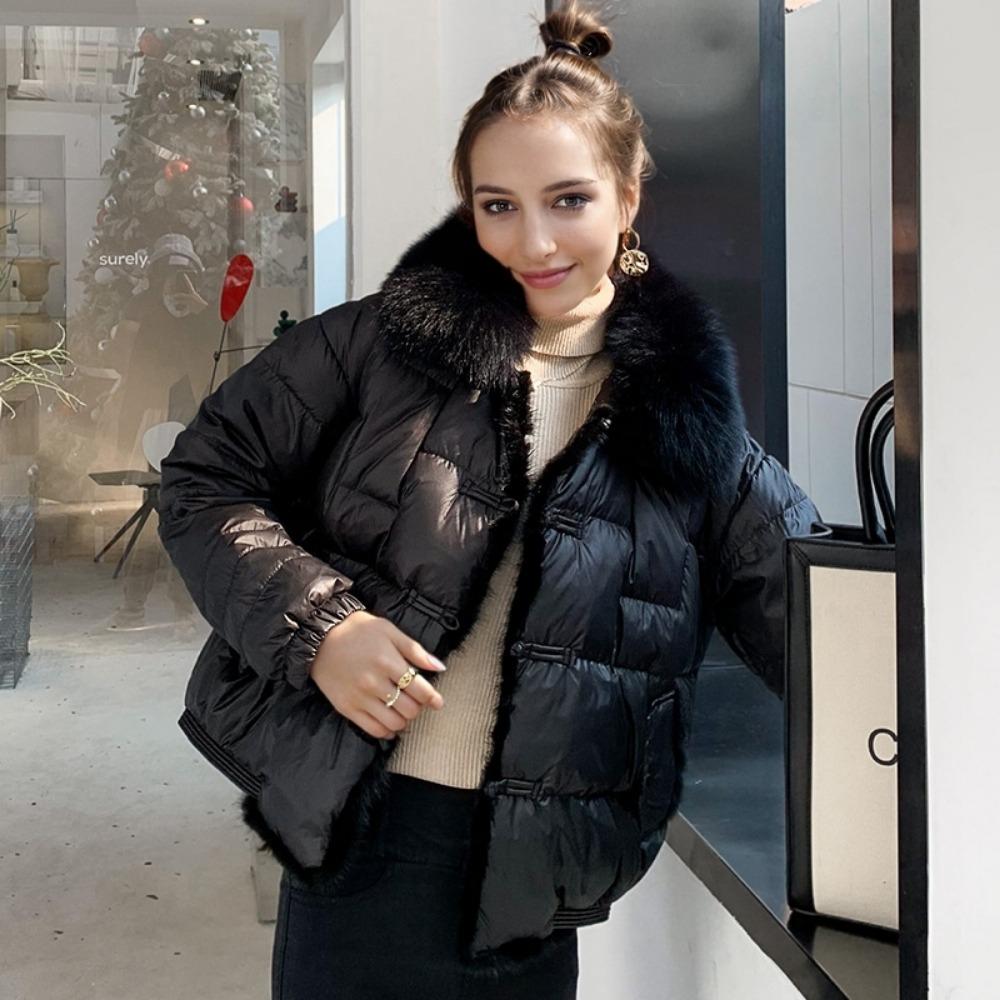 Vintage Real Fox Fur Jacket Loose Duck Down Jacket Ladies Winter Women Short Warm Puffer Coat Female Parka Outerwear