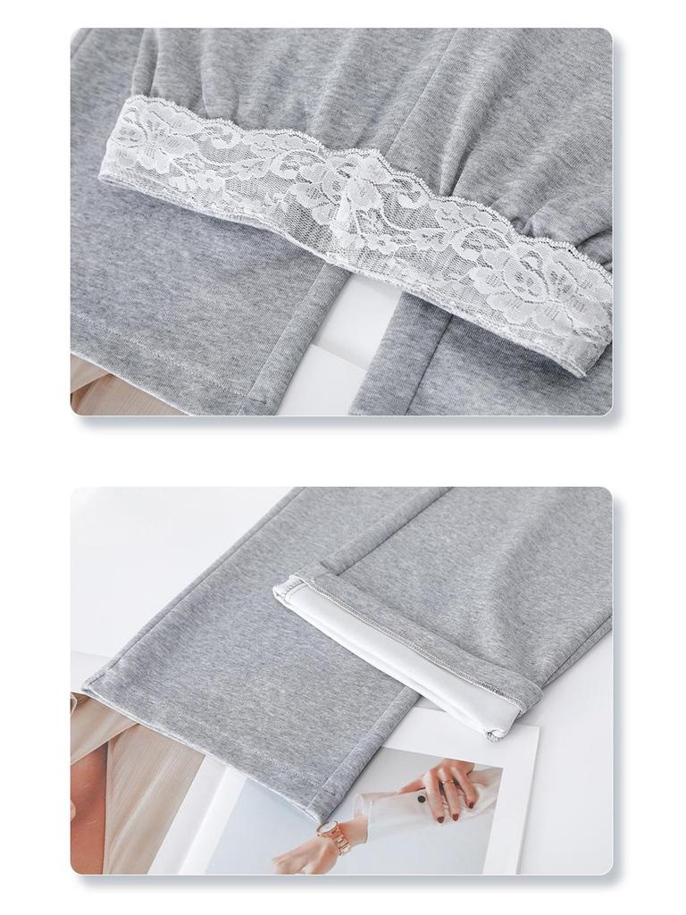 Gray Lace-Trimmed High-Waist Straight Leg Sweatpants for Women - Spring 2025 Collection