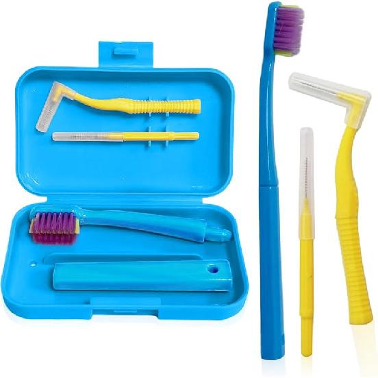 3-Pack Dental Care Kit - Angled Orthodontic Toothbrush, Interdental Brush, and Standard Toothbrush with Travel Case, Soft Bristles for Braces and