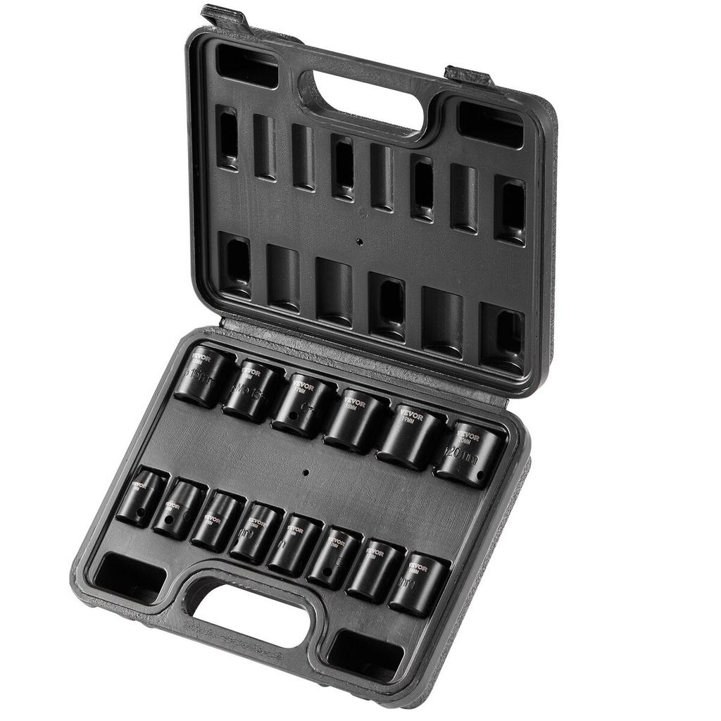 Impact Sockets Set 14pcs 6-Point 3/8in Drive Bit Ratchet Tool Kit Case