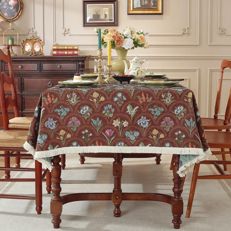 Retro Polyester Cotton Color Woven Jacquard Plant Fan-Shaped Flower Fringed Tablecloth Rectangular Coffee Table Tablecloth Dining Table Cloth