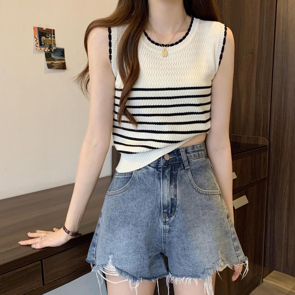 Französische gestreifte Strickweste für Damen im Sommer Dünnes Eisseiden-Ärmelloses Camisole mit Innenfutter T-Shirt-Top und trendige Oberbekleidung