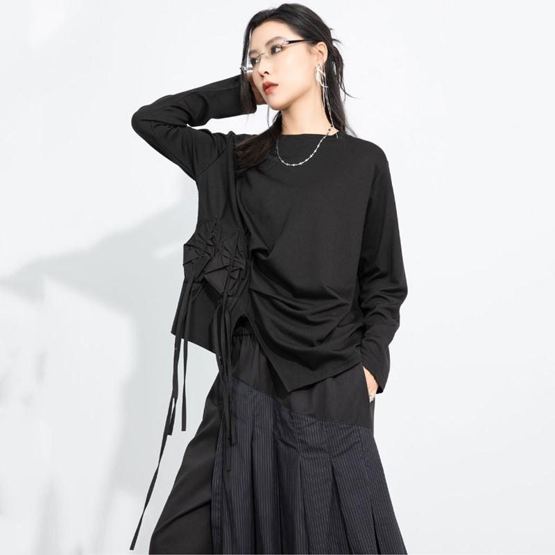 Tops casual larghi vintage neri a manica lunga asimmetrici da donna per primavera autunno t-shirt