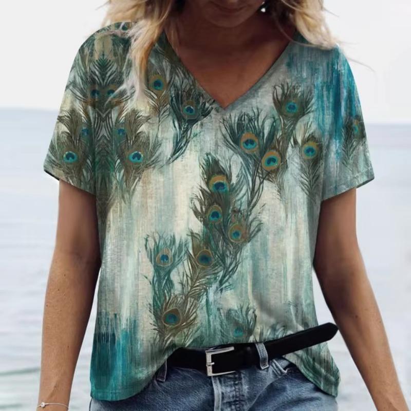 Summer V Neck Women T-Shirts 3D Print Peacock Feather Graphic Fashion Short Sleeve Harajuku Y2k Top Oversized Casual Female T Shirt