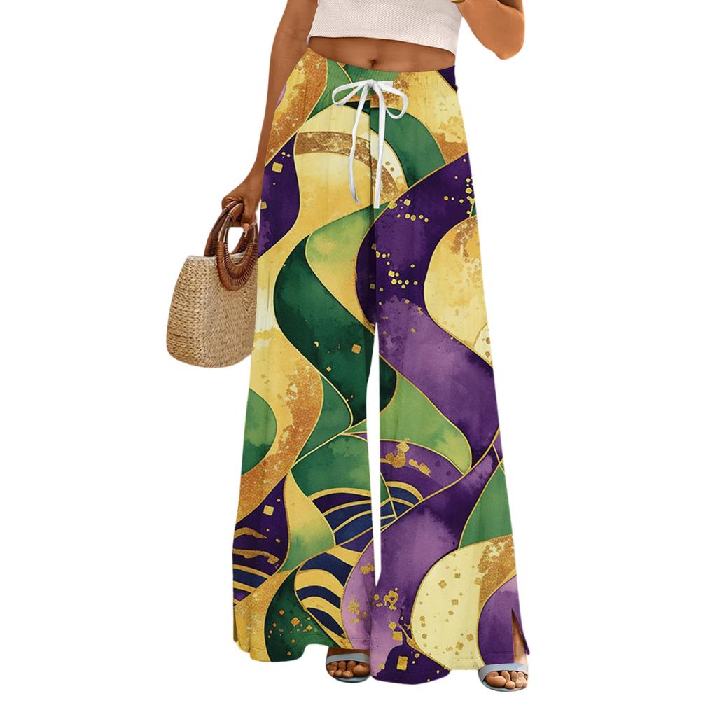 Damskie Luźne i Codzienne Spodnie z Szerokimi Nogawkami z Nadrukiem, z Elastycznym Pasem, Sznurkiem i Kieszeniami