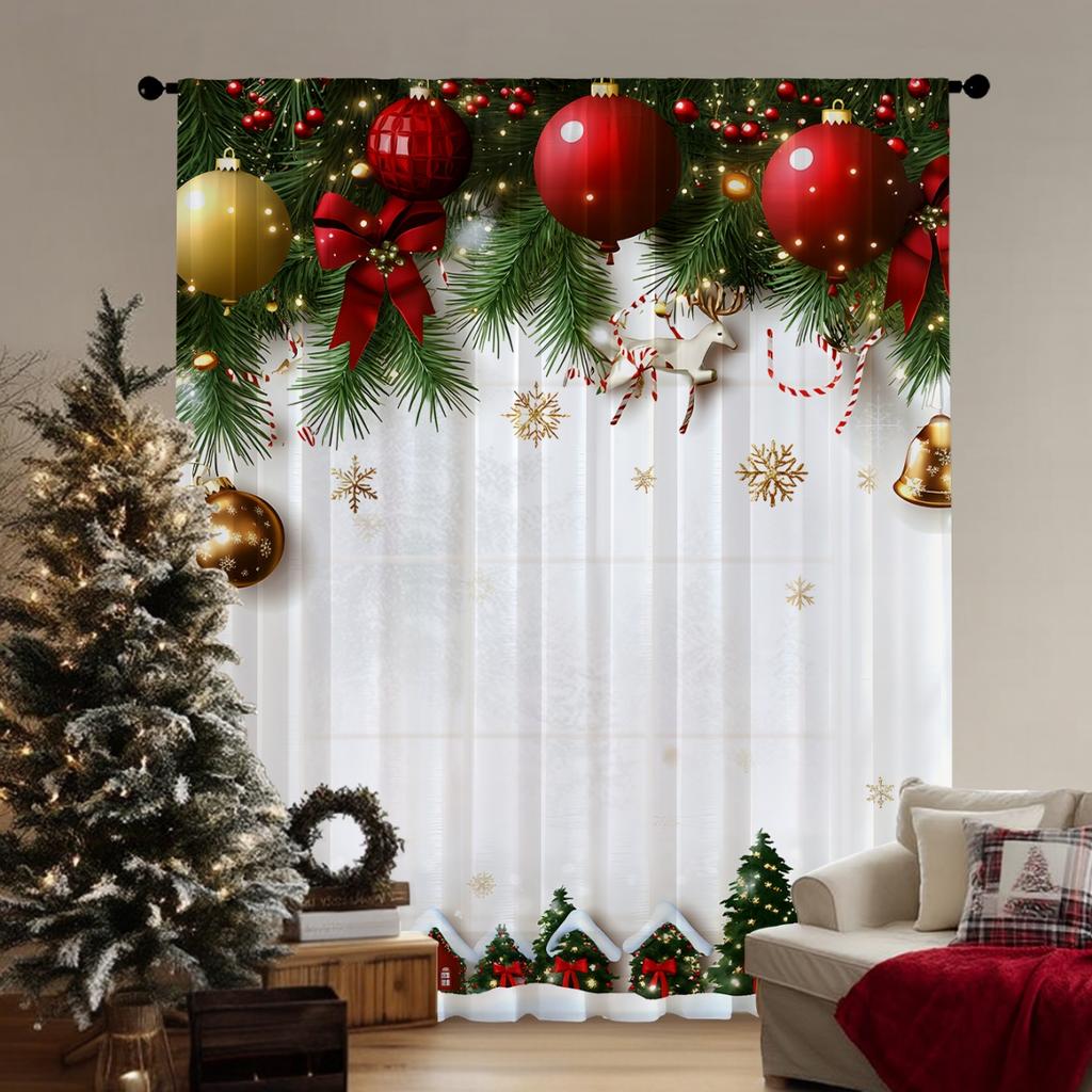 Single Panel Holiday Christmas Ball Theme Printed Curtain Digital Polyester Suitable Living Room Bedroom Kitchen Decoration With Rod Pocket Ideal For