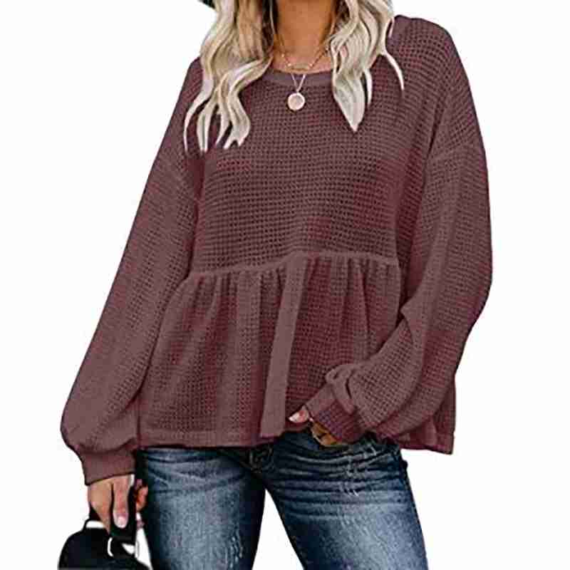 Camisas de punto tipo gofre para mujer Blusa de manga larga con