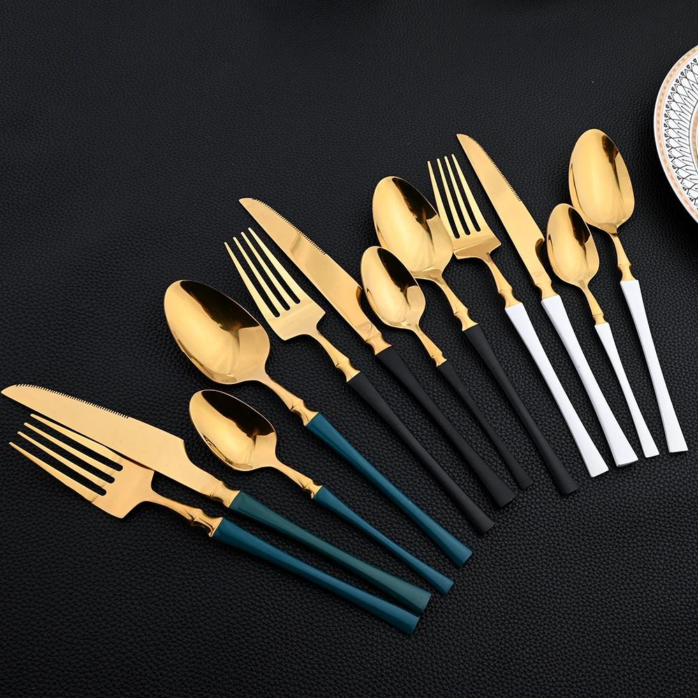 16Pcs Cutlery Set Stainless Steel Golden Dinnerware Western Silverware Set Mirror Flatware Western Dinning Kitchen Tableware