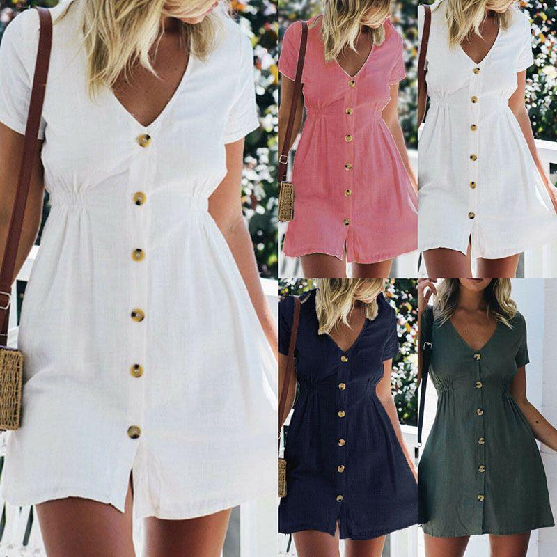 Stylish Women Button Down V Neck Mini Tea Dress In Soft Comfortable Fabric Perfect For Summer Days