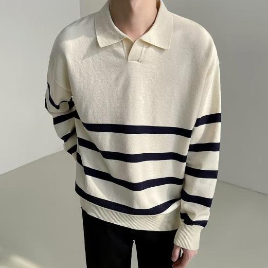 Podzim Zima Pánský Svetr Colorblock Pruhovaný Límec na Zapínání Pletený Volný Dlouhý Rukáv Volný Pulovr Pletenina Anglický Styl Školní Svetr