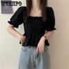 Summer Women's Chiffon Shirt Bubble Sleeves Waist Cinched Square Neck Short T-shirt for Women