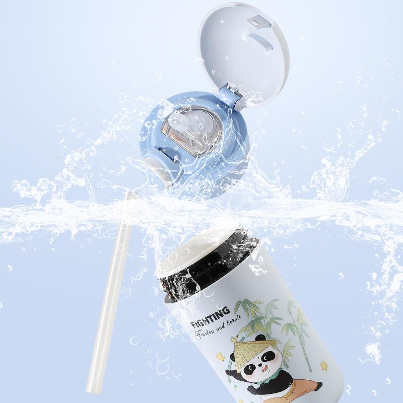 Panda baby bottle with ceramic inner liner, children's drinking straw cup, portable children's cartoon anti-drop water cup