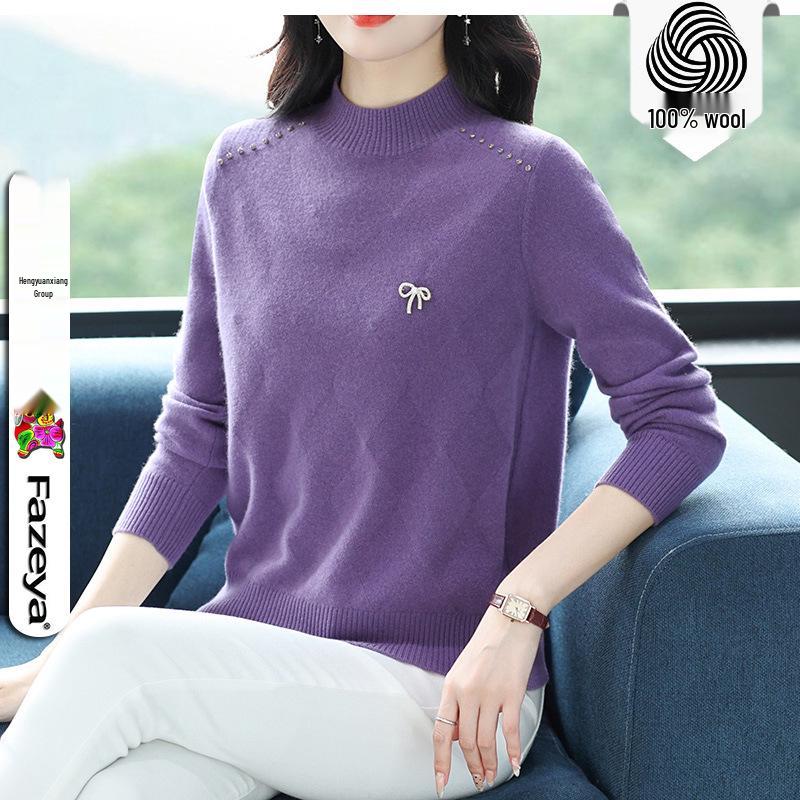 Stylish Women's Beaded Wool Sweater: Solid Color, Half-High Neck Pullover