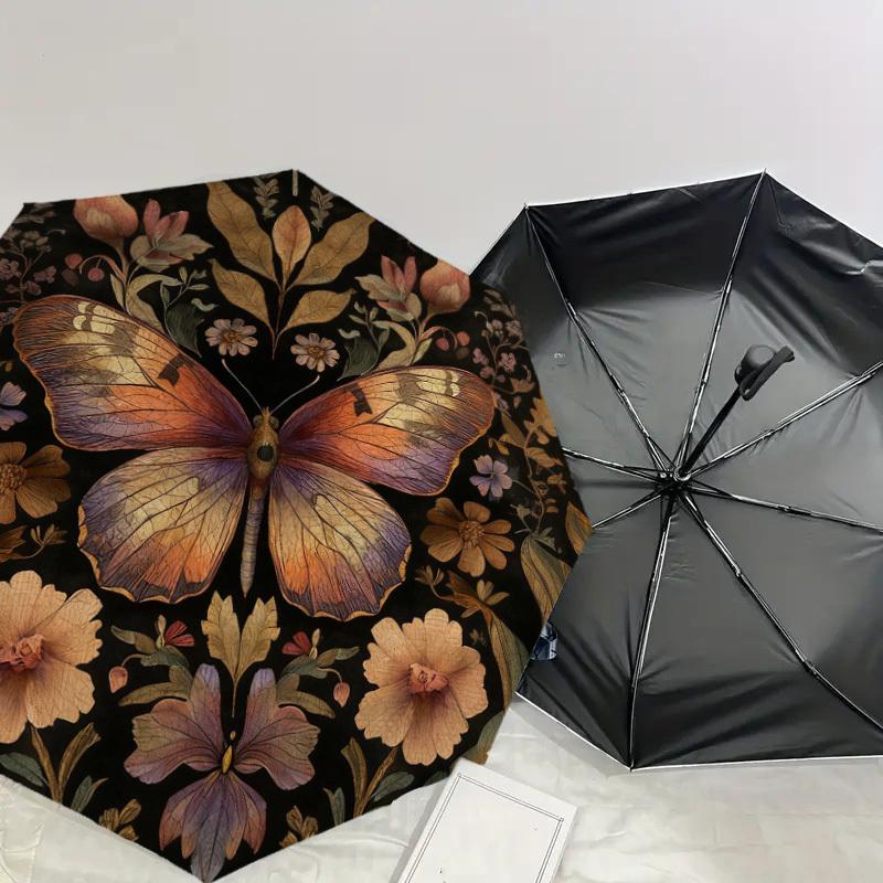 1pc Butterfly Flowers Automatic Folding Umbrella, Heavy Duty 8 Rib Iron Frame,  Suitable for Travel, Daily Use, Birthday, Decor Gift M0104078