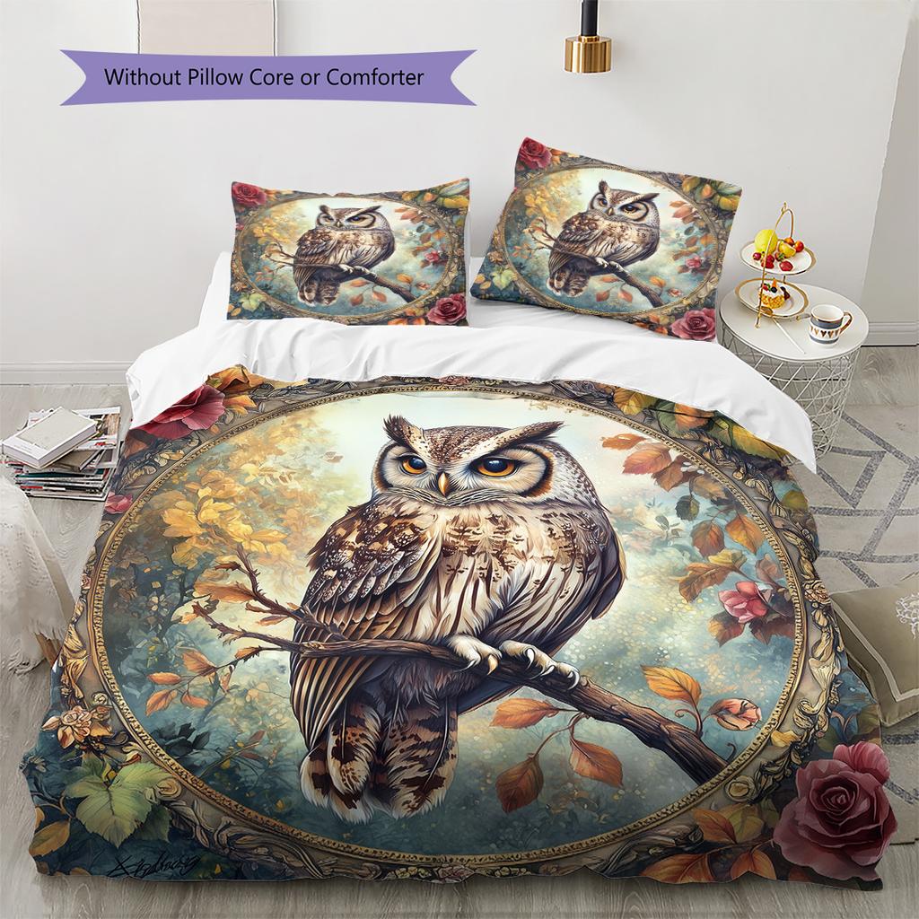 Eule auf Ast Muster Bettwäsche Quilt Set Heimdekoration Geschenk (1 Bettbezug + 2 Kissenbezüge, ohne Füllung)