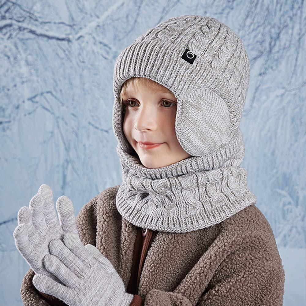 Warm Children's Hat Neck Scarf Gloves Set Fleece Lined Touchscreen Gloves for Boys and Girls