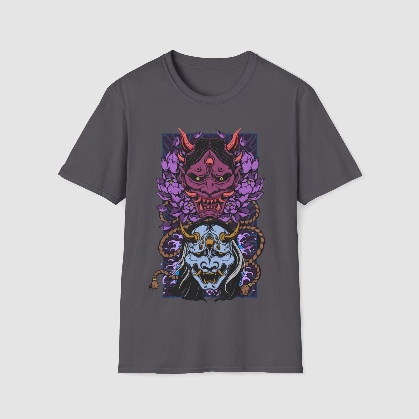 Japanese Oni Mask T-Shirt | Demonic Hannya Illustration, Floral Accent S