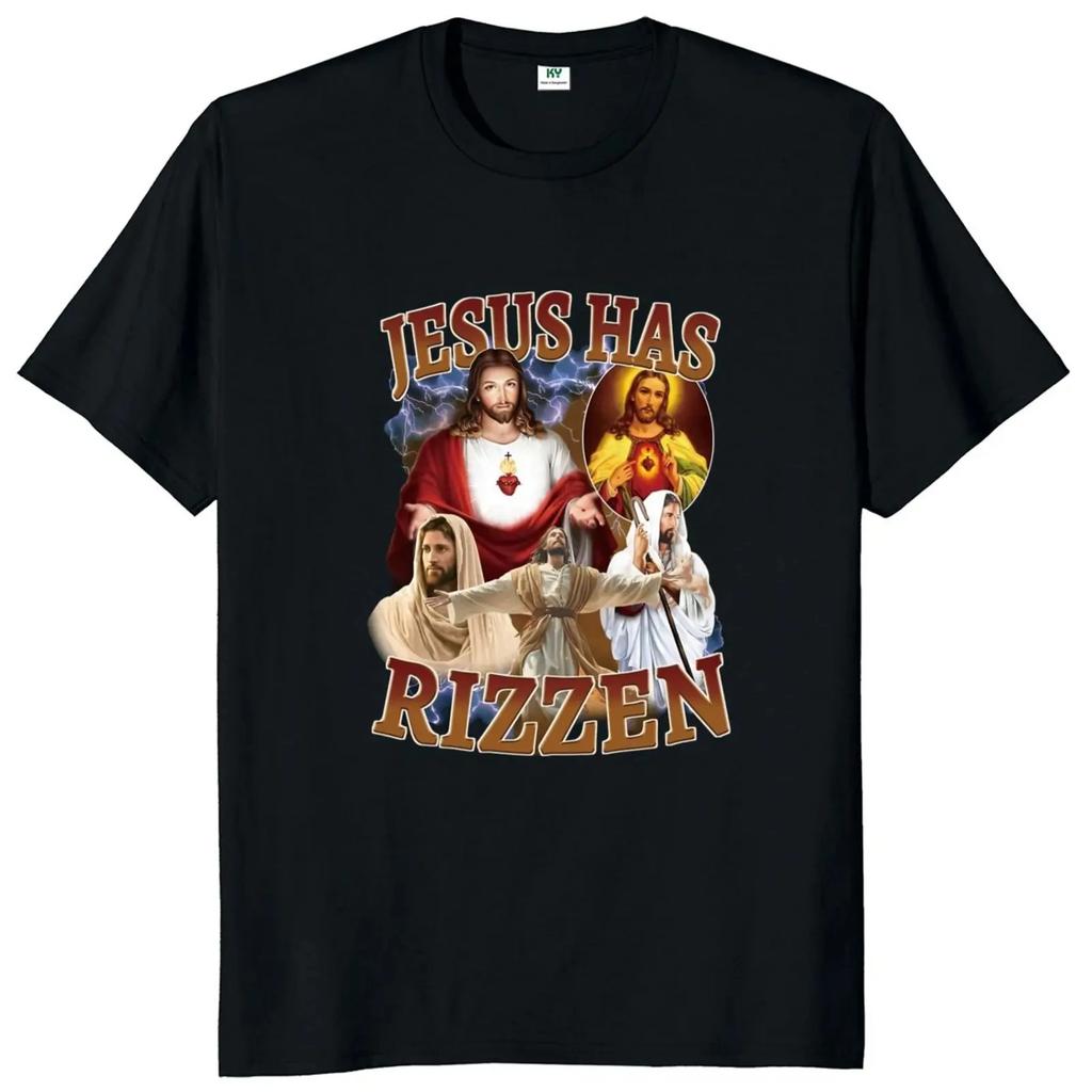 Jesus Has Rizzen T Shirt Retro  Religious Harajuku Streetwear 100% Cotton Unisex O-neck Summer T-shirts Oversized Tops